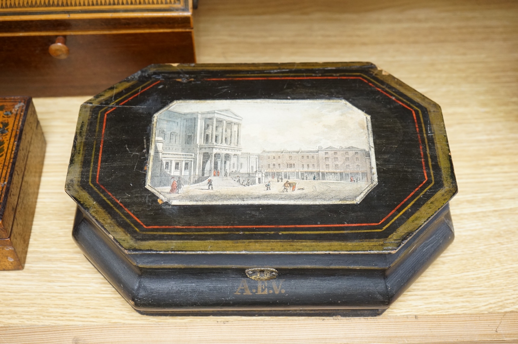 Three 19th century boxes, all with printed views of Brighton, tallest 13cm